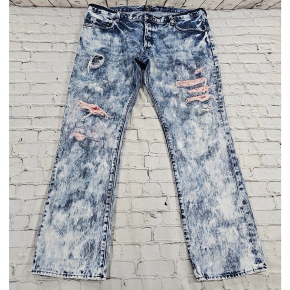 PRPS Jeans Denim Button Fly Straight Leg Blue Red Distressed Barracuda MENS 42